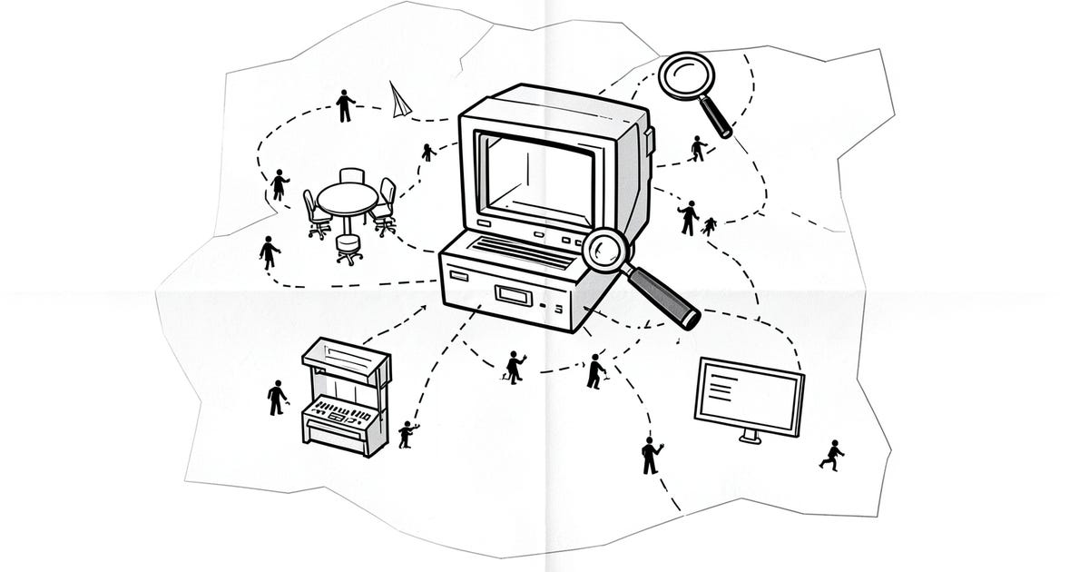 A computer on a folded map, with dotted paths connecting a meeting table, a music console, and other workspaces. A computer on a folded map, with dotted paths connecting a meeting table, a music console, and other workspaces.