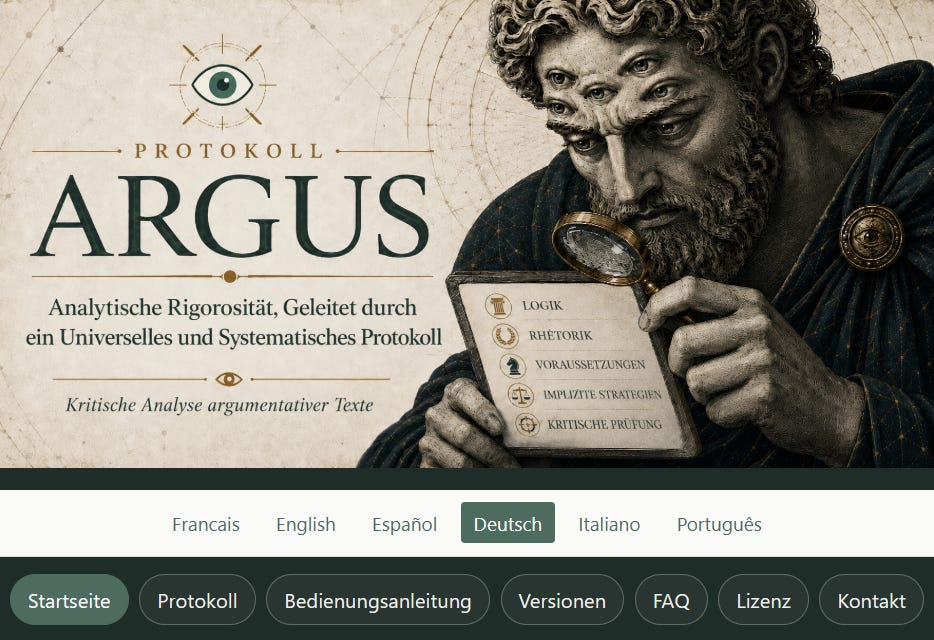 Bildschirmfoto der ARGUS-Startseite. Oben zeigt ein illustriertes Banner den mythologischen Riesen Argus mit vielen Augen, einer Lupe und einer Tafel, auf der die Schritte des Protokolls abgebildet sind: Logik, Rhetorik, Voraussetzungen, implizite Strategien und kritische Prüfung. Unter dem Banner erscheinen Sprachregisterkarten – Französisch, Englisch, Spanisch, Deutsch, Italienisch, Portugiesisch – dann das Hauptmenü der Website: Startseite, Protokoll, Bedienungsanleitung, Versionen, FAQ, Lizenz, Kontakt. Bildschirmfoto der ARGUS-Startseite. Oben zeigt ein illustriertes Banner den mythologischen Riesen Argus mit vielen Augen, einer Lupe und einer Tafel, auf der die Schritte des Protokolls abgebildet sind: Logik, Rhetorik, Voraussetzungen, implizite Strategien und kritische Prüfung. Unter dem Banner erscheinen Sprachregisterkarten – Französisch, Englisch, Spanisch, Deutsch, Italienisch, Portugiesisch – dann das Hauptmenü der Website: Startseite, Protokoll, Bedienungsanleitung, Versionen, FAQ, Lizenz, Kontakt.