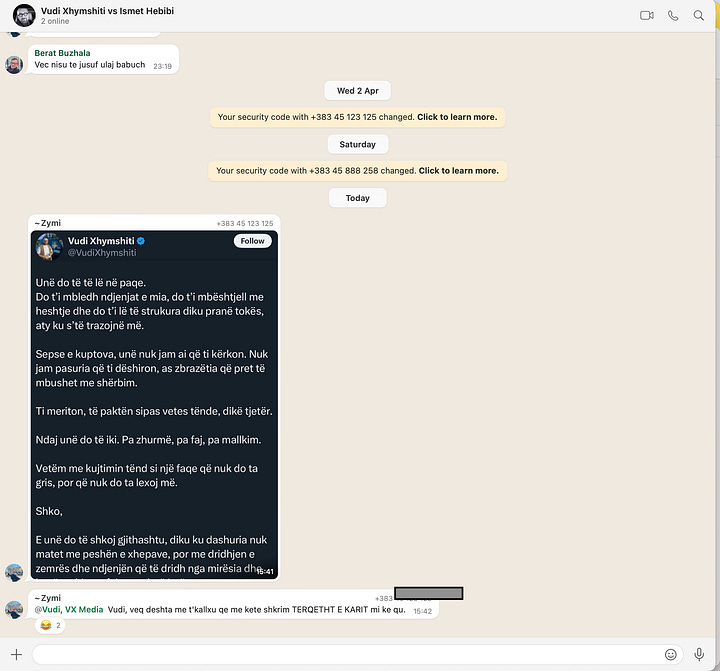 Në këto pamje, paraqitet një bisedë nga grupi i WhatsApp-it ku figura të lidhura me Berat Buzhalën reagojnë me gjuhë vulgare dhe të turpshme ndaj një poezie të ndjerë të autorit. Njëri prej tyre, duke përdorur një ton të dhunshëm verbal dhe përqeshës, e quan veprën “TERQETHT E KARIT” — një përpjekje e ulët për të seksualizuar dhimbjen shpirtërore dhe për ta zhbërë në mënyrën më primitive të mundshme një ndjenjë të sinqertë. Kjo është dëshmi vizuale e "kanibalizmit publik të moralit", ku bashkëpunëtorët e Buzhalës, në një gjuhë që ngjan me ujërat e zeza të fjalorit të tyre, zbulojnë fytyrën e vërtetë të rrethit të tij