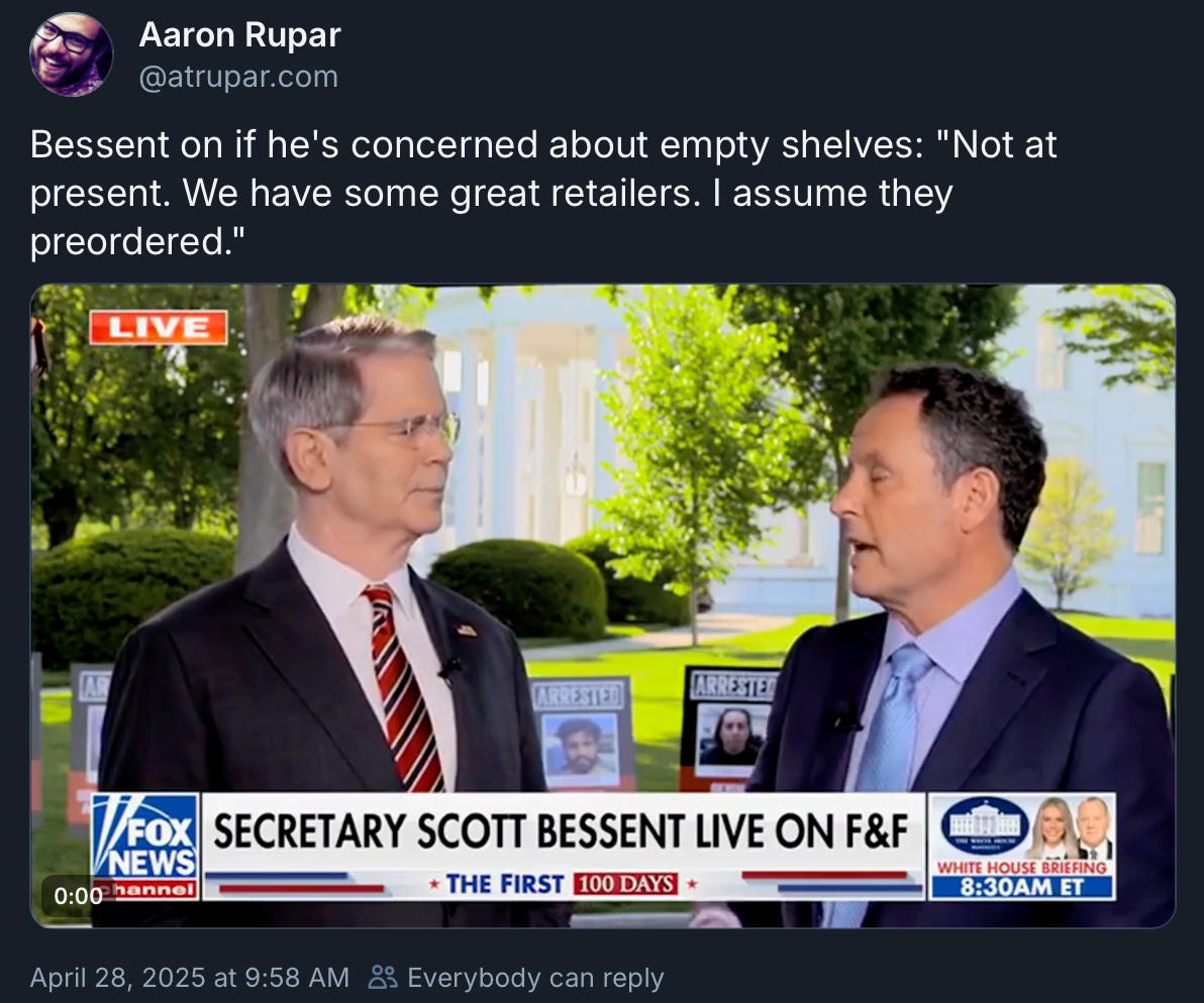 Scott Bessent says of retailers "I assume they preordered." Scott Bessent says of retailers "I assume they preordered."