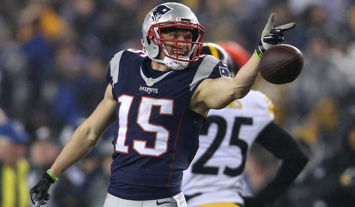 New England Patriots wide receiver Chris Hogan celebrates after making a reception during the first half against the Pittsburgh Steelers in the AFC championship game Sunday.