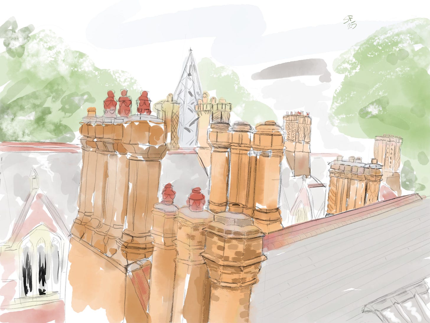 Pencil, pastel and wash sketch: view of the neo-Tudor roofscape of Lincoln's Inn in Holborn, London: ornate chimneys, arched windows and mature trees, a church spire.