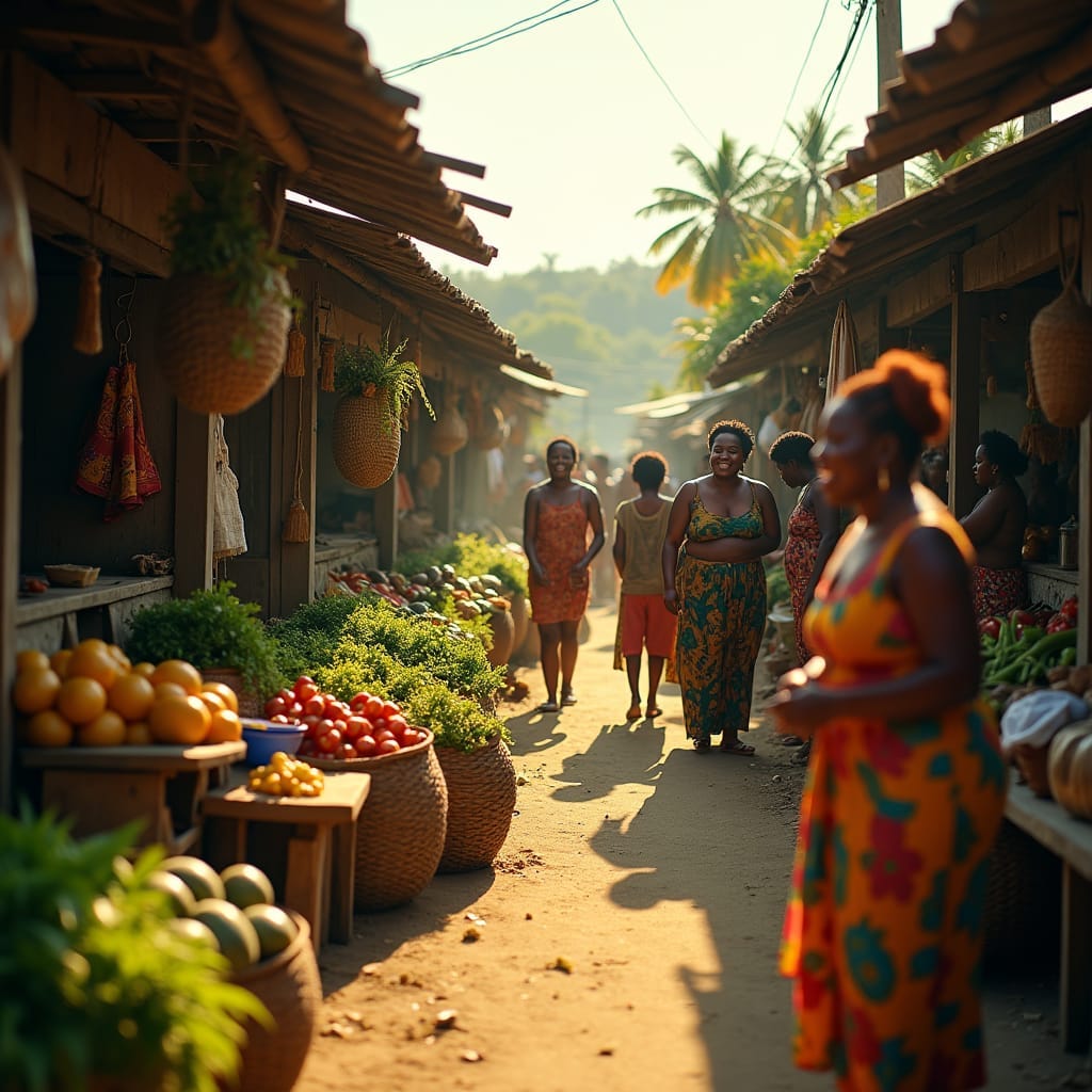 Vibrant Jamaican market scene, warm sunlight casting long shadows on rustic wooden stalls, lush greenery spilling from woven baskets, merchants and patrons clad in vibrant, colorful attire, laughing and haggling in a lively atmosphere
