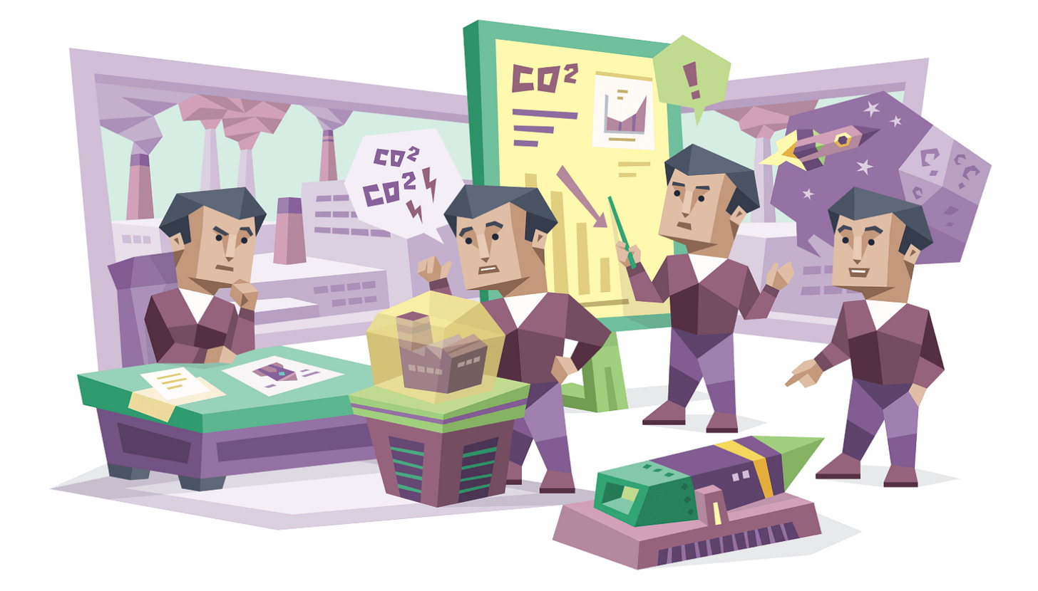 An ENTP (Debater) man shown multiple times across a laboratory scene, simultaneously analyzing data, presenting research, conducting experiments, and discussing CO² findings, illustrating his multitasking and diverse problem-solving approach.