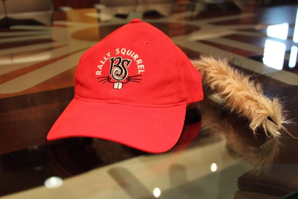 Rally Squirrel cap complete with "bushy" tail