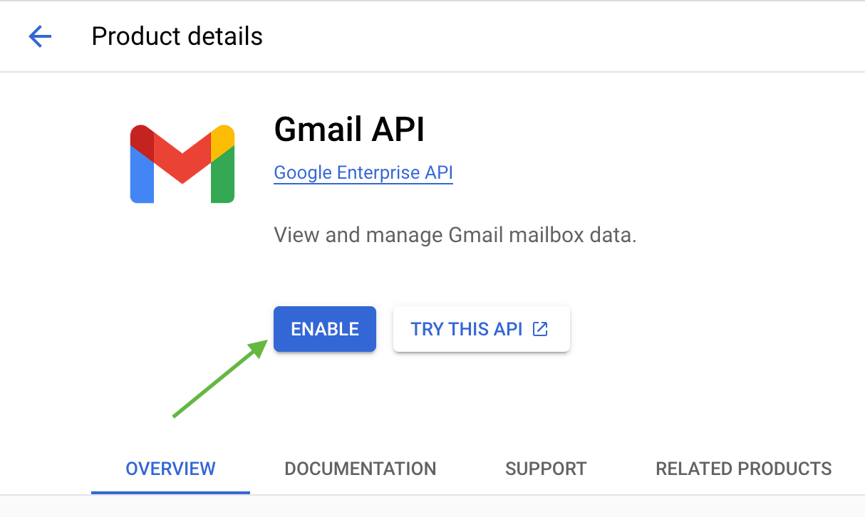Gmail API product details page with Enable button highlighted