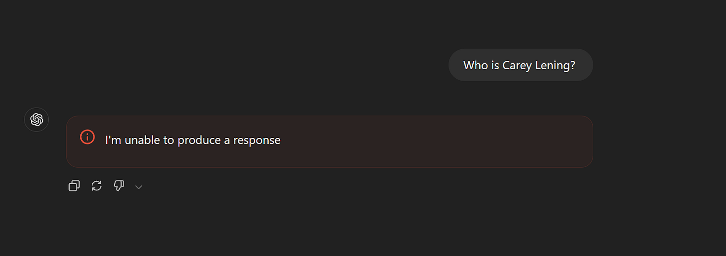The text reads: I'm Unable to produce a response, with an error code at the bottom. 