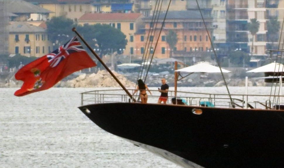 Lauren Sanchez and Jeff Bezos are seen on Jeff Bezos' yacht on June 12, 2023 in Portofino, Italy. 