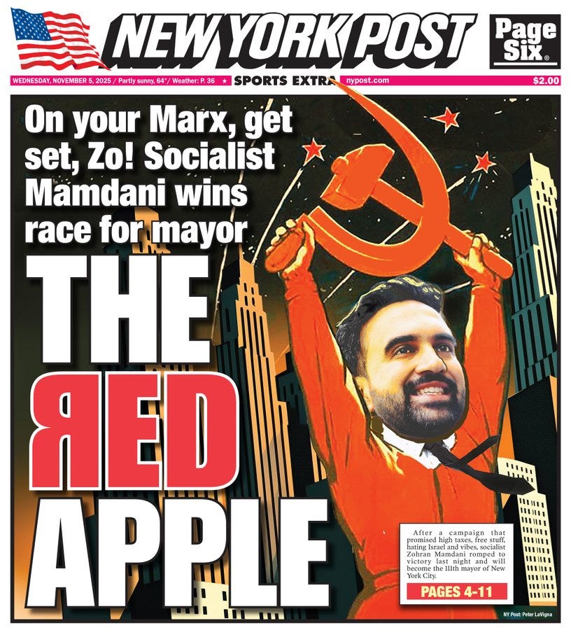 New York Post newspaper front page cover with American flags at top and Page Six branding dated November 2024 priced at two dollars includes sections for sports extra and metro. Headline reads On your Marx get set Zohran socialist Mamdani wins high race for mayor with large red text The Red Apple and image of Mamdani raising arms in victory against New York City skyline with red hammer and sickle symbols. Bottom text notes first Muslim socialist mayor one of youngest aged 33 to 41 with pages 4 to 11 mentioned.