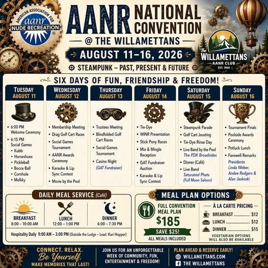 Official promotional flyer for the 2026 AANR National Convention at The Willamettans in Springfield, Oregon, August 11–16. The design uses a steampunk aesthetic with gear and hot air balloon motifs. A six-day schedule grid lists daily programming: Tuesday features a welcome ceremony and social games; Wednesday includes drag golf cart races, an AANR Awards Ceremony, and a karaoke and lip sync contest; Thursday has a trustees meeting, blindfolded golf cart races, and casino night; Friday includes tie-dye, a WINR presentation, stick pony races, a mix and mingle reception, a GAT Fundraiser auction, and karaoke; Saturday features a steampunk parade, golf cart jousting, a tie-dye rinse day, live music by the pool from the PDX Broadsides, dinner at the café, and a live band from Saturated Phats; Sunday closes with tournament finals, a poolside awards ceremony, potluck lunch, and farewell remarks from presidents Linda Weber, Andee Rodgers, and Alan Jaskoski. Daily meal service runs breakfast, lunch, and dinner. A full convention meal plan is available for $185.