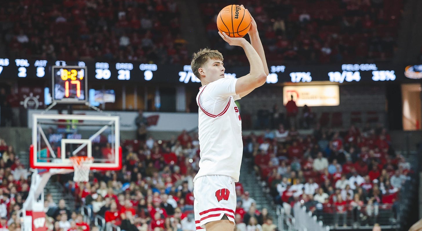 Wisconsin Badgers forward Nolan Winter attempts a shot from beyond the arc during a game at the Kohl Center.