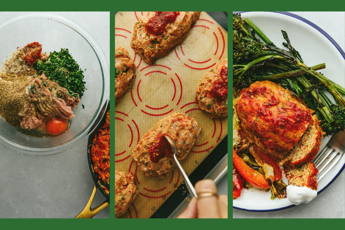 Three photos showing the process of making honey harissa mini meatloaves.