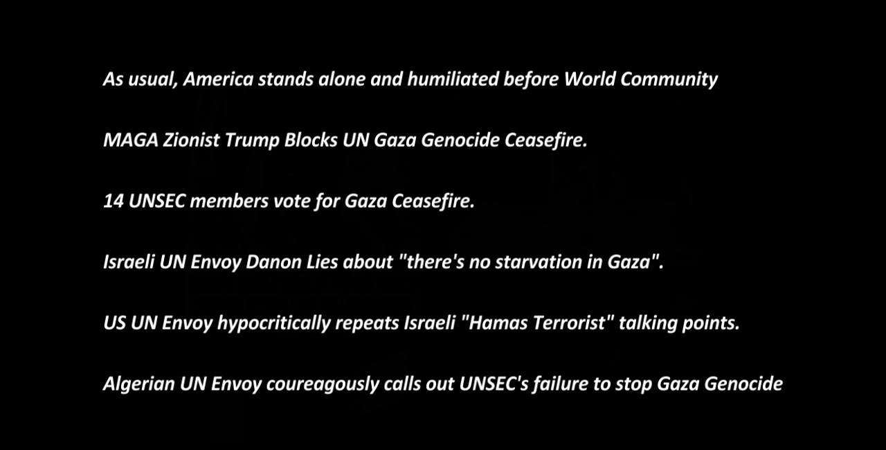 MAGA Zionist US Again Vetoes Security Council on Gaza Genocide Ceasefire