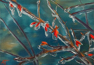 Oil painting of winter ice on burning bush twigs by Ann Trusty