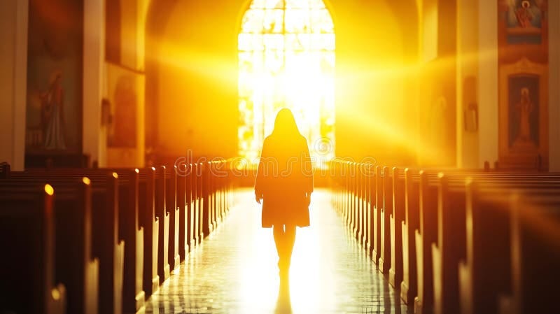 Generative AI Silhouette of Woman Walking Down Church Aisle Toward ...