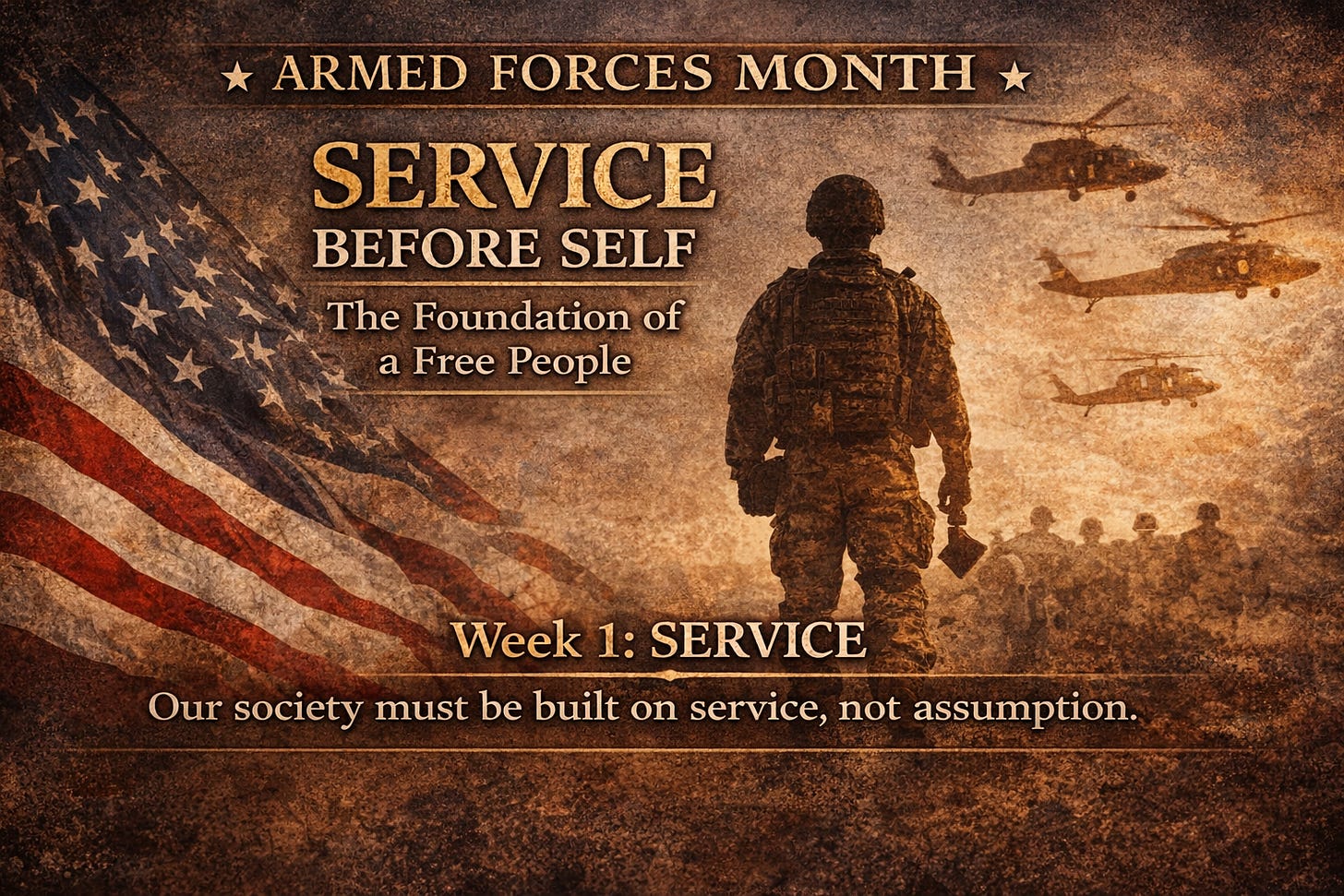 Vintage-style Armed Forces Month graphic featuring a silhouetted American soldier standing before a formation of troops and military helicopters, with a large U.S. flag waving in the foreground. The image includes the text “Service Before Self – The Foundation of a Free People” and “Week 1: Service,” emphasizing duty, sacrifice, and patriotism.