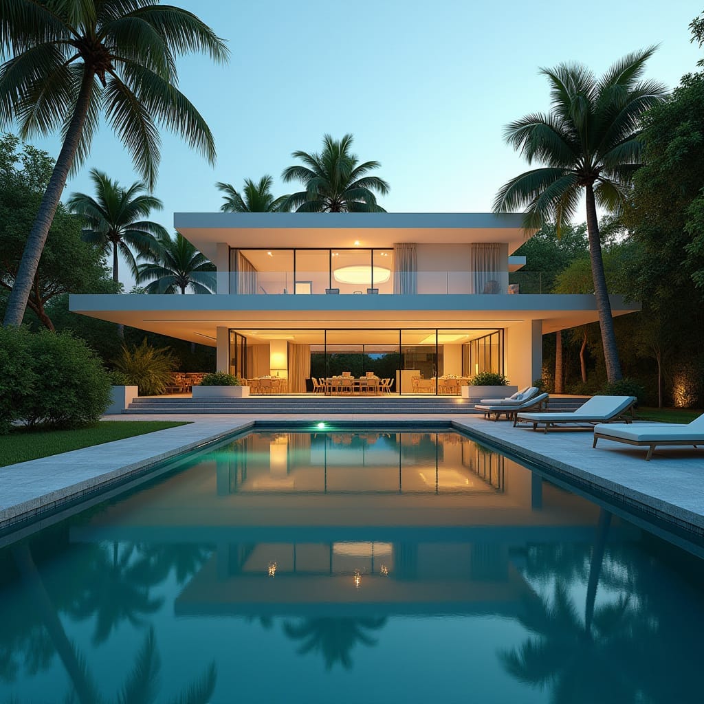 A modern Jamaican mansion with clean lines, square silhouettes, and expansive openings, set against a vibrant tropical landscape