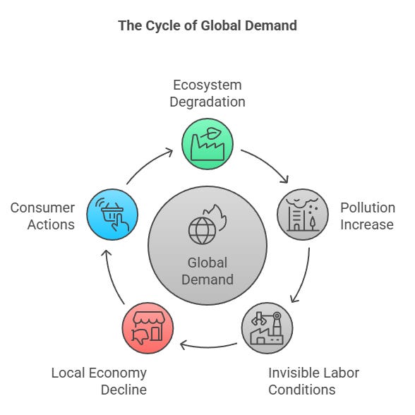 Diagram titled “The Cycle of Global Demand” showing a circular flow between ecosystem degradation, pollution increase, invisible labor conditions, local economy decline, and consumer actions. Global demand is at the center, driving the cycle.