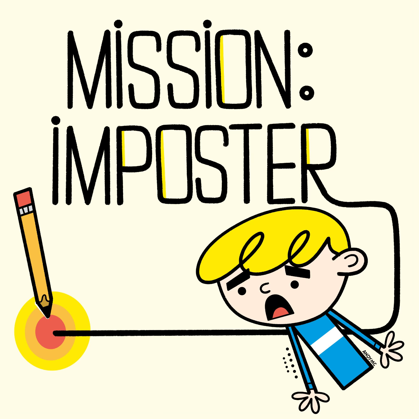 a cartoon illustration of an artist with a shocked expression and the words "Mission Imposter"