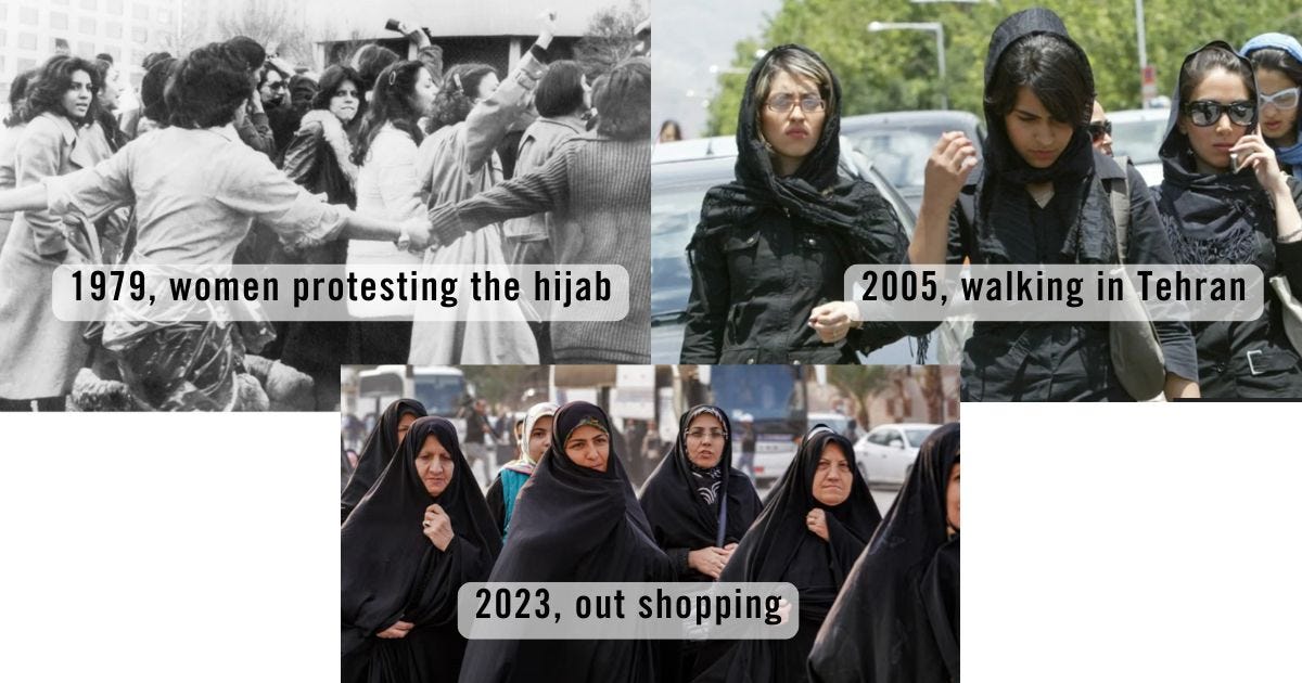 Three images depicting women in Iran from 1979 to 2023, showing increasingly conservative clothing