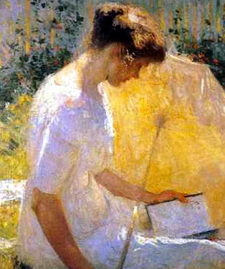 oil painting of a woman reading outside in the sun, by Frank Weston Benson