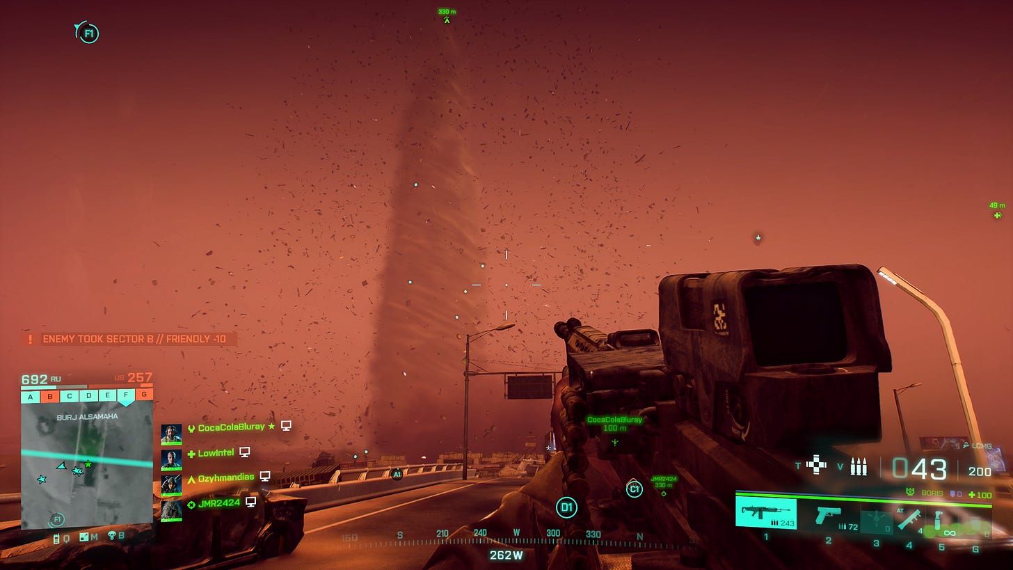 The player looks into the distance to see a large Torando approaching.
