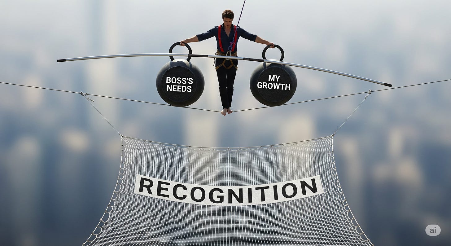 A tightrope walker balances two heavy weights labeled “Boss’s Needs” and “My Growth,” above a safety net labeled “Recognition.” A tightrope walker balances two heavy weights labeled “Boss’s Needs” and “My Growth,” above a safety net labeled “Recognition.”