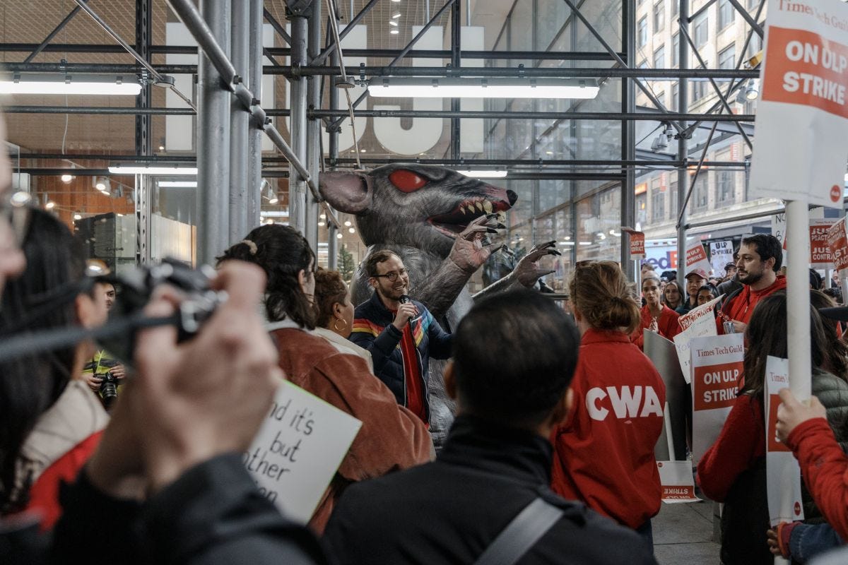 NYT tech workers rally outside of the NYT on election day. NYT tech workers rally outside of the NYT on election day.