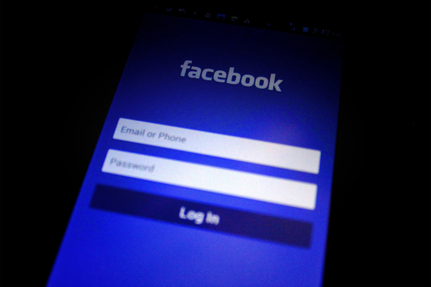 Facebook login screen Facebook login screen