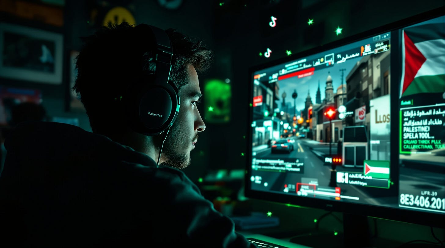 A dramatic investigative journalism cover image showing a young person wearing gaming headphones in a dark room, their face illuminated by screen glow showing reflections of a video game interface. On the computer screen visible in the composition, show a Grand Theft Auto style game environment with Middle Eastern architecture, checkpoints, and Palestinian keffiyeh patterns. The room has posters and symbols related to Palestinian identity. Dark atmospheric lighting with green and red accent colors, creating tension between gaming entertainment and serious radicalization themes. Split screen effect showing virtual game world bleeding into reality. Professional photojournalistic style, cinematic, serious tone. Include subtle digital elements like Discord icons and TikTok symbols floating in the background to represent social media amplification. A dramatic investigative journalism cover image showing a young person wearing gaming headphones in a dark room, their face illuminated by screen glow showing reflections of a video game interface. On the computer screen visible in the composition, show a Grand Theft Auto style game environment with Middle Eastern architecture, checkpoints, and Palestinian keffiyeh patterns. The room has posters and symbols related to Palestinian identity. Dark atmospheric lighting with green and red accent colors, creating tension between gaming entertainment and serious radicalization themes. Split screen effect showing virtual game world bleeding into reality. Professional photojournalistic style, cinematic, serious tone. Include subtle digital elements like Discord icons and TikTok symbols floating in the background to represent social media amplification.