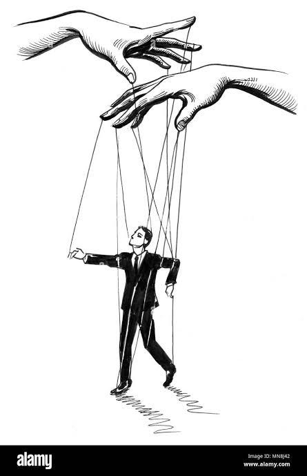 Puppet and puppet master. Ink black and white illustration Stock Photo - Alamy