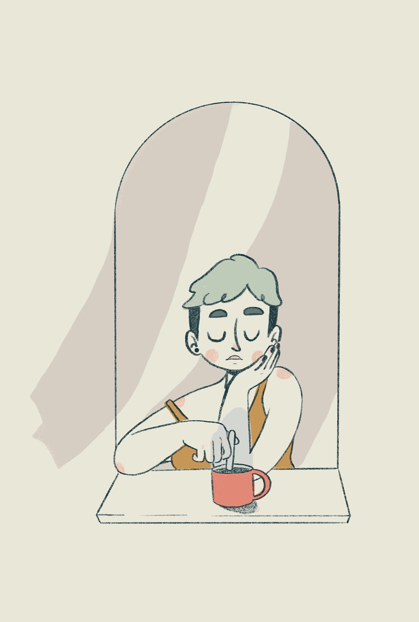 A gif of a short haired woman looking down at her coffee, holding a spoon in the cup to stir it. A soft breeze moves the curtains of the window she sits in, as well as her hair and the steam of her coffee.