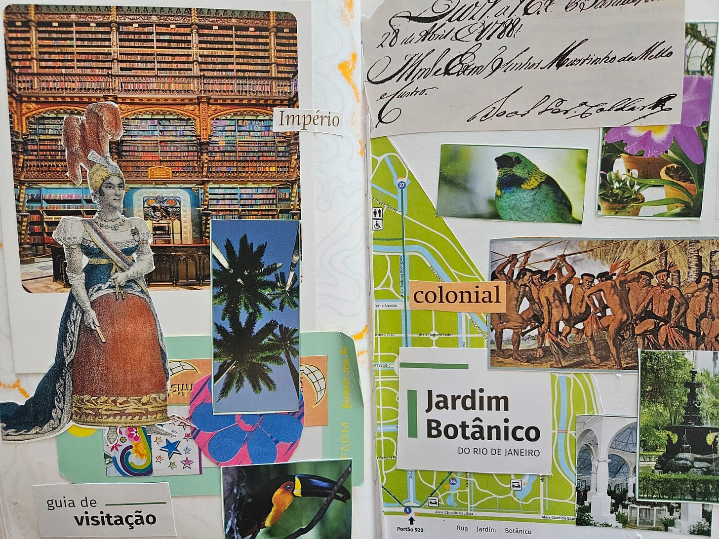 colagem analógica. é um caderno aberto, com pedaços de um mapa, recorte de uma imagem de rainha, uma foto de uma gigantesca biblioteca, ilustrações de indígenas, fotos de natureza e animais do jardim botânico, uma etiqueta de roupas. Palvras soltas como "guia de visitação", "Jaardim botânico do Rio de Janeiro", Imperial, colonial