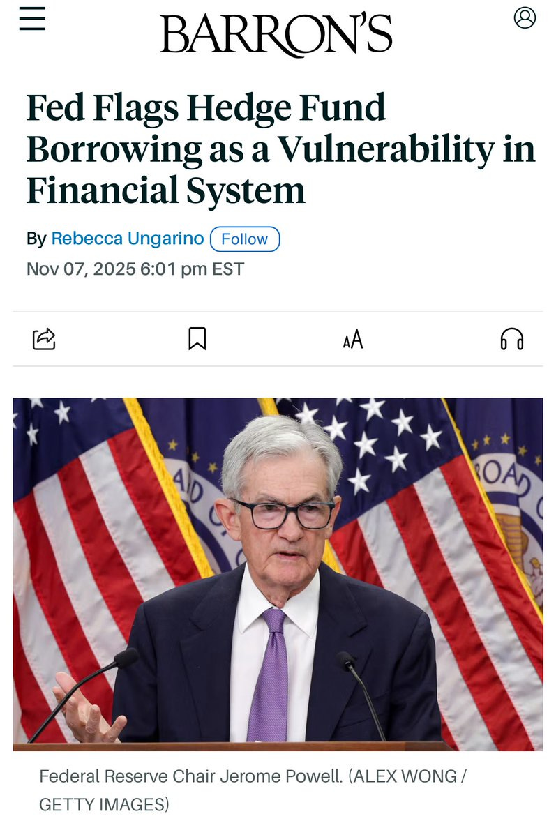 Screenshot of a Barron's news article titled Fed Flags Hedge Fund Borrowing as a Vulnerability in Financial System by Rebecca Ungarino dated Nov 07 2025 at 601 pm EST. Below the headline there are sharing icons and article tools. The main image shows Federal Reserve Chair Jerome Powell an older man with gray hair wearing glasses a white shirt purple tie dark suit standing at a wooden podium gesturing with his right hand holding a microphone. He is flanked by two US flags on his left and a blue flag with white stars possibly the Federal Reserve flag on his right. The photographer credit is Alex Wong Getty Images.