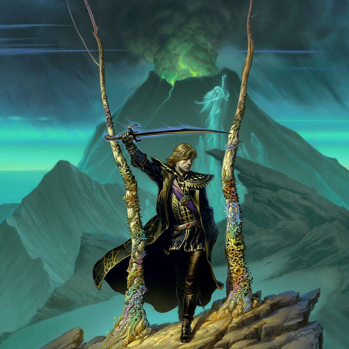 LEFT: Figure detail from CROWN OF SHADOWS featuring Gerald Tarrant dressed in fine black leather trimmed in gold. His eyes glint with gold as his head tilts down as if he's lost in thought. His shoulders are gold studded with pointed accents. The purple sash running beneath his long jacket is decorated with a green gem broach. His belt is scaled like a snake and accented with a rounded pentagonal ruby. He holds aloft a sword drenched in purple flame. RIGHT: Background detail from CROWN OF SHADOWS featuring blue-green spirits rising behind Gerald Tarrant against the backdrop of a volcano smoldering with green flame. The figure rising highest is a female with long hair and a flowing gown. She raises one arm up while the other is out to the side.