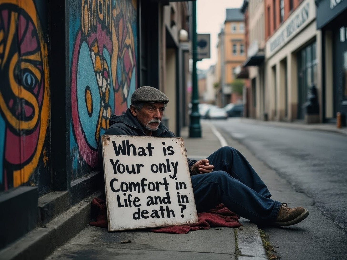 A man sitting near his sign. The wall behind him is an abstract painting with bright colors. The narrow street is quiet and unoccupied.