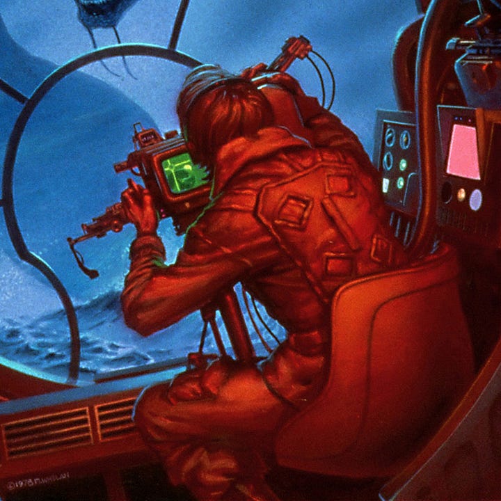LEFT: Detail from FOUR DAY PLANET with the immediate foreground saturated in red as a low flying craft approaches a sea serpent. The angles of the composition and the POV from behind the pilot add a sense of action and danger. Through the round viewport segmented similarly to the view out of the Millennium Falcon in Star Wars, we’re drawn into the moment as the serpent’s neck curls with mouth open baring fangs. The ovals of its eyes are milky like the full orb of the moon rising behind it. The pilot is seated in a swivel chair and grips the controls of a targeting display.   RIGHT: Figure detail from FOUR DAY PLANET featuring a view of the pilot in a swivel hair from behind. He’s saturated in red light with the monitor of the targeting controls contrasting in a digital green. Out the viewport, rough seas are rendered in a cool blue.