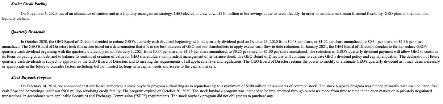 Geo Group stock dividends guidance 2021