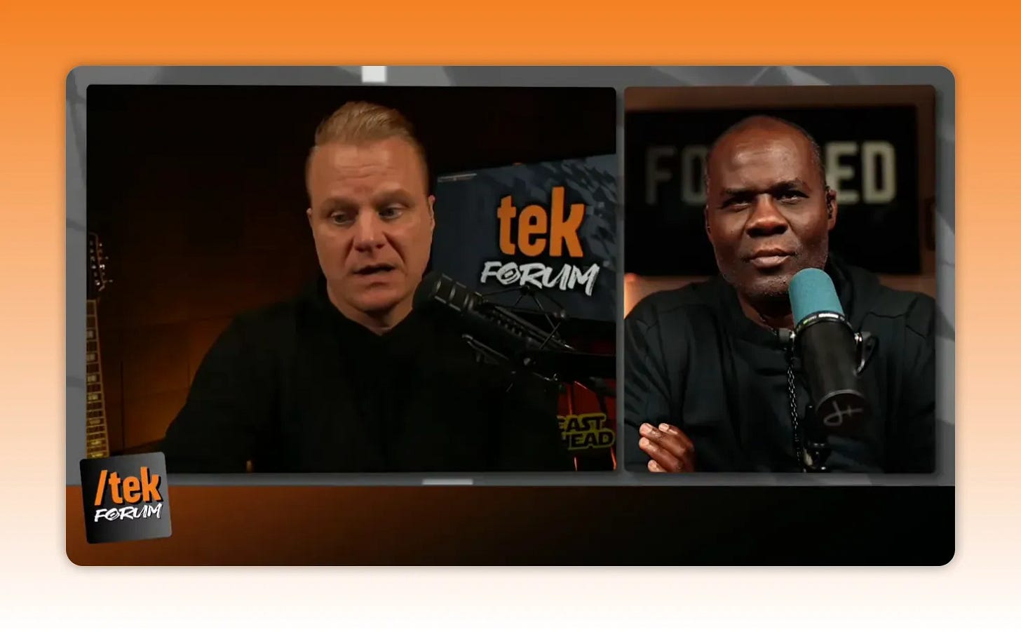 High-quality split-screen of two podcast hosts with visible microphone and tek forum backdrop High-quality split-screen of two podcast hosts with visible microphone and tek forum backdrop