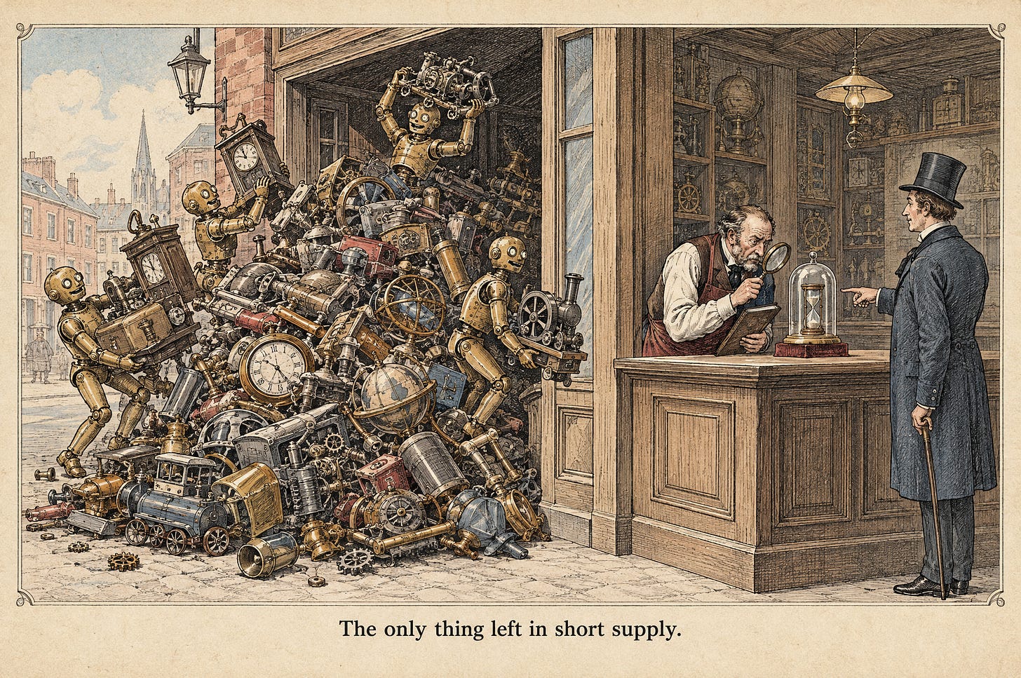 Brass robots heap a mountain of machines out of a shop's doorway while the shopkeeper studies a single hourglass under a glass dome. Caption: The only thing left in short supply.
