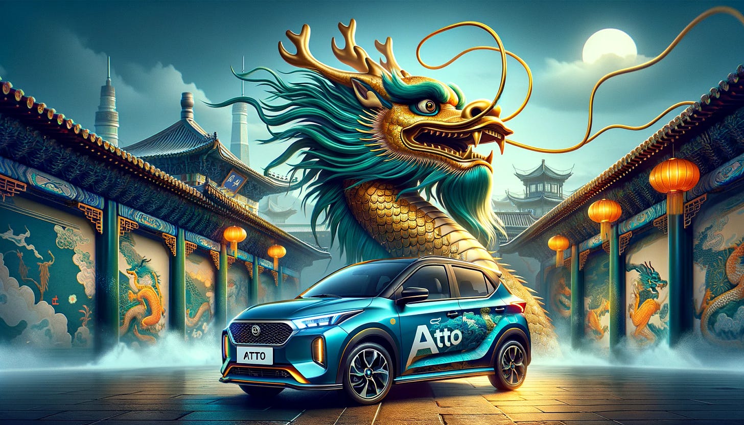 BYD ATTO with a Chinese dragon, for "Enter the EV Dragon" by Jason Kelly at Signalizer.