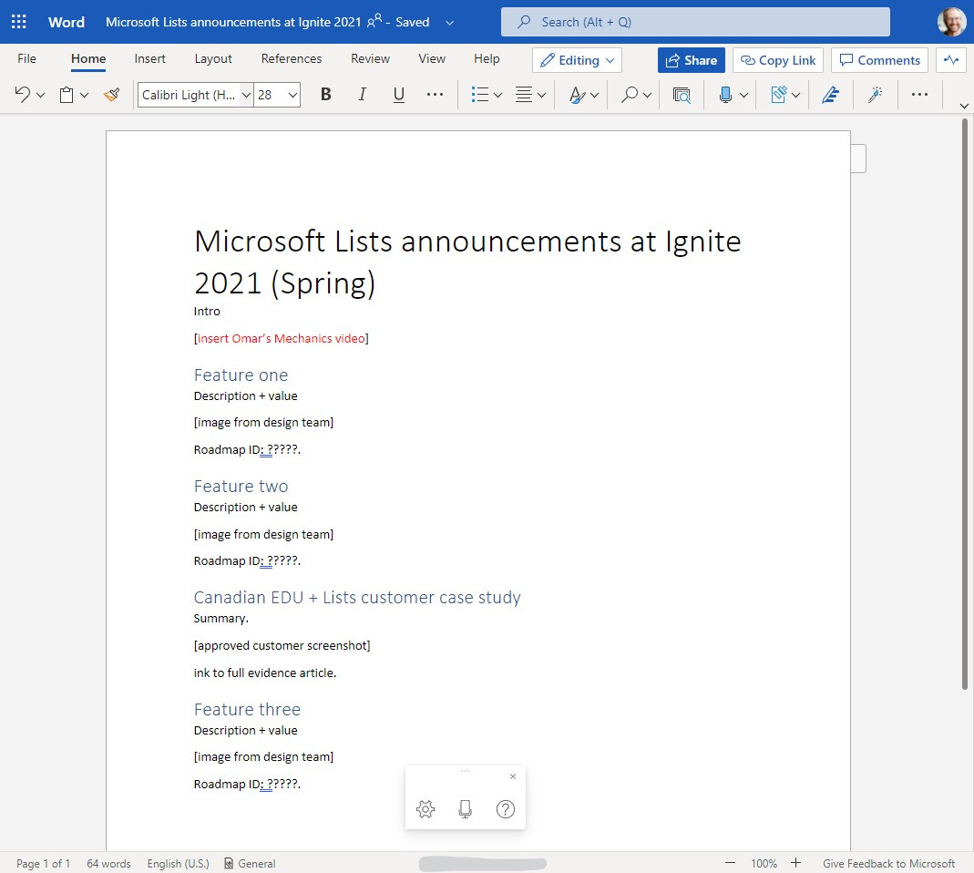 Working on an outline or first draft within Word for the Web.