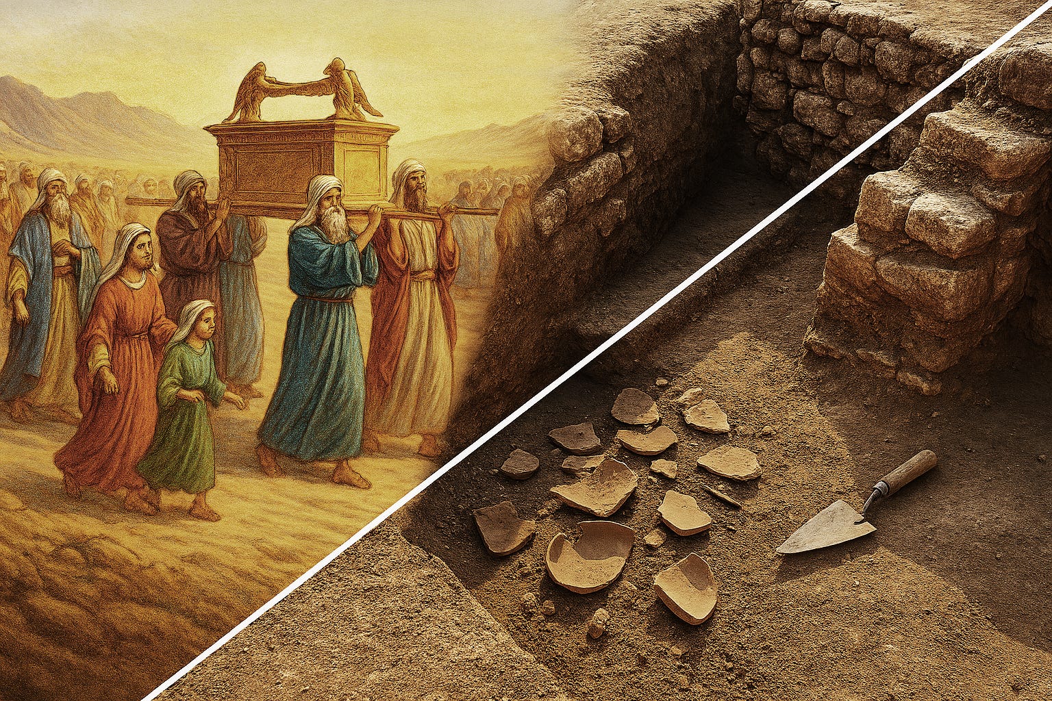 A split-image showing a biblical illustration of Israelites carrying the Ark of the Covenant through a desert on the left, and a realistic archaeological excavation site with pottery shards and a stone wall on the right, divided diagonally by a white line to contrast faith and historical evidence. A split-image showing a biblical illustration of Israelites carrying the Ark of the Covenant through a desert on the left, and a realistic archaeological excavation site with pottery shards and a stone wall on the right, divided diagonally by a white line to contrast faith and historical evidence.