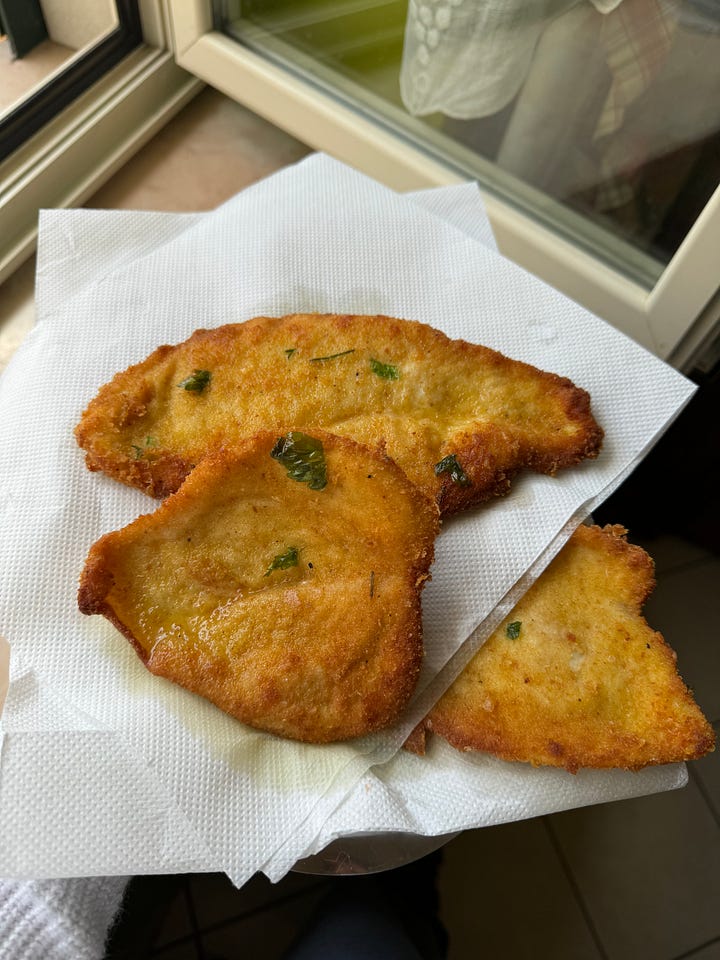 Fried chicken cutlets & sauteed chicory in EVOO and garlic