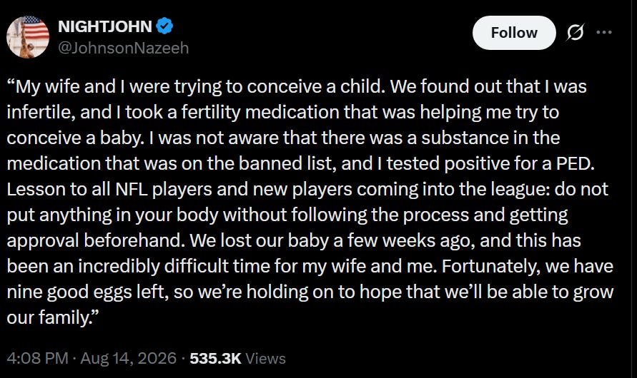 Nazeeh Johnson explanation for positive PED test with NFL Nazeeh Johnson explanation for positive PED test with NFL