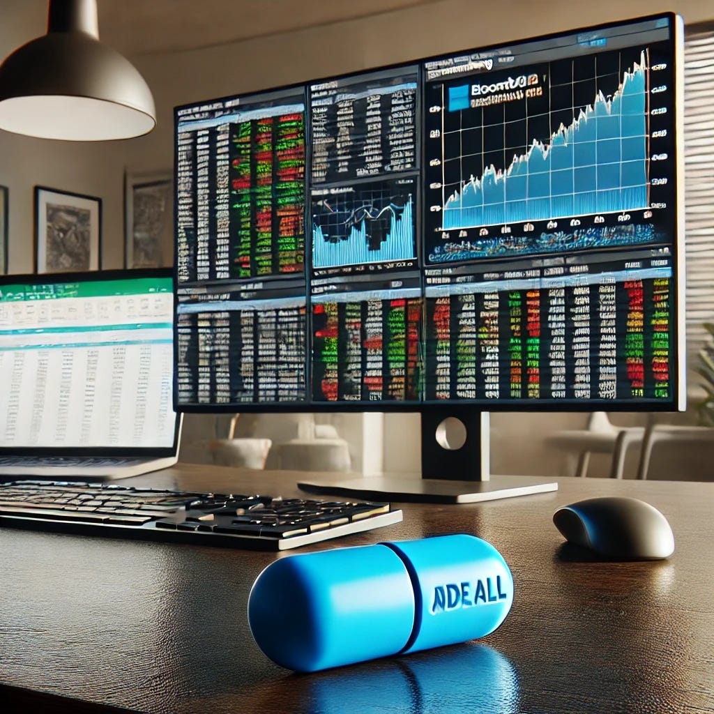 A realistic depiction of a blue Adderall pill placed on a desk next to a multi-monitor financial workstation. One of the monitors displays an Excel spreadsheet with rows and columns of data, while the other monitors show generic financial charts and stock data. The Bloomberg branding has been removed. The scene is set in a professional office environment with typical office lighting and decor. A realistic depiction of a blue Adderall pill placed on a desk next to a multi-monitor financial workstation. One of the monitors displays an Excel spreadsheet with rows and columns of data, while the other monitors show generic financial charts and stock data. The Bloomberg branding has been removed. The scene is set in a professional office environment with typical office lighting and decor.