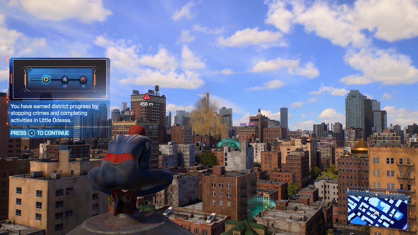 Spider-Man looking out over the city. A window says "You have earned district progress by stopping crimes and completing activities in Little Odessa.