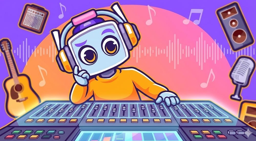 The neuralbuddy robot character, wearing headphones, leans back thoughtfully with a hand on its chin while sitting at a large, illuminated audio mixing console in a music studio setting with instruments in the background.