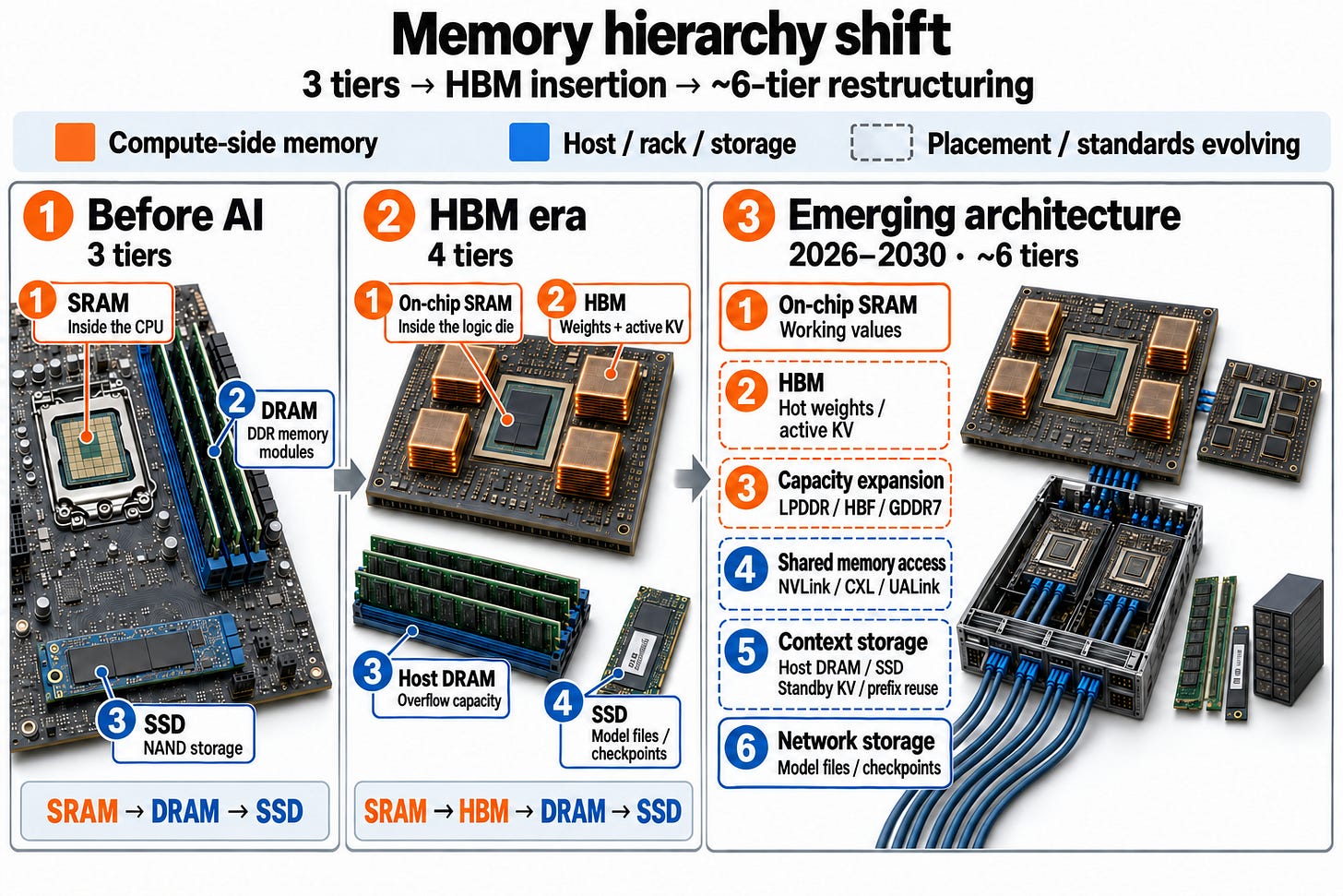 The memory hierarchy shift: three tiers, then HBM, then about six The memory hierarchy shift: three tiers, then HBM, then about six