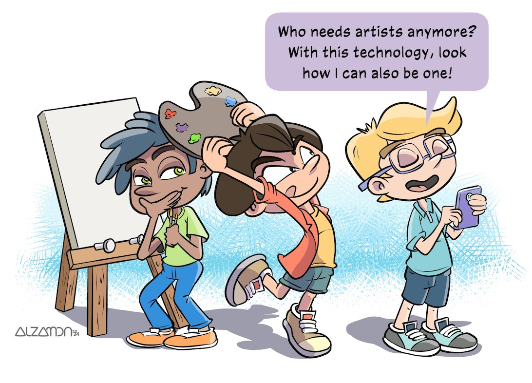 Cartoon drawing of Elias saying "Who needs Artists anymore?" while Daniel is about to blow an artist's palette on his head.
